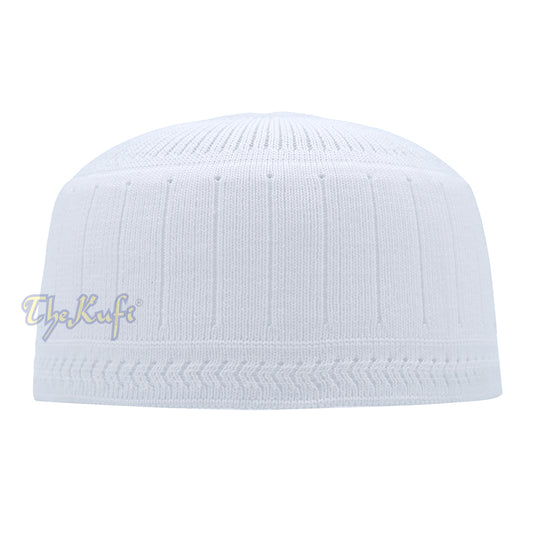 White Vertical Lined Cotton Stretch-Knit Kufi Hat Skull Cap