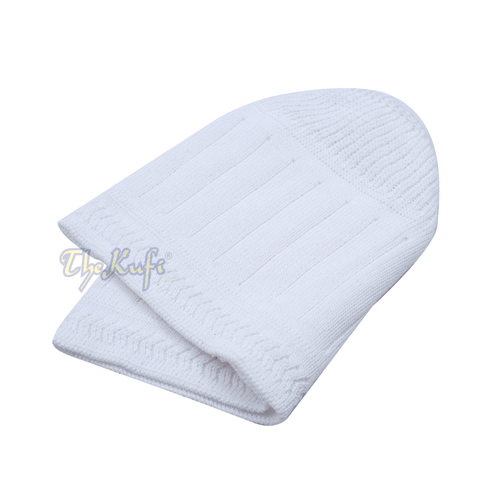 White Vertical Lined Cotton Stretch-Knit Kufi Hat Skull Cap