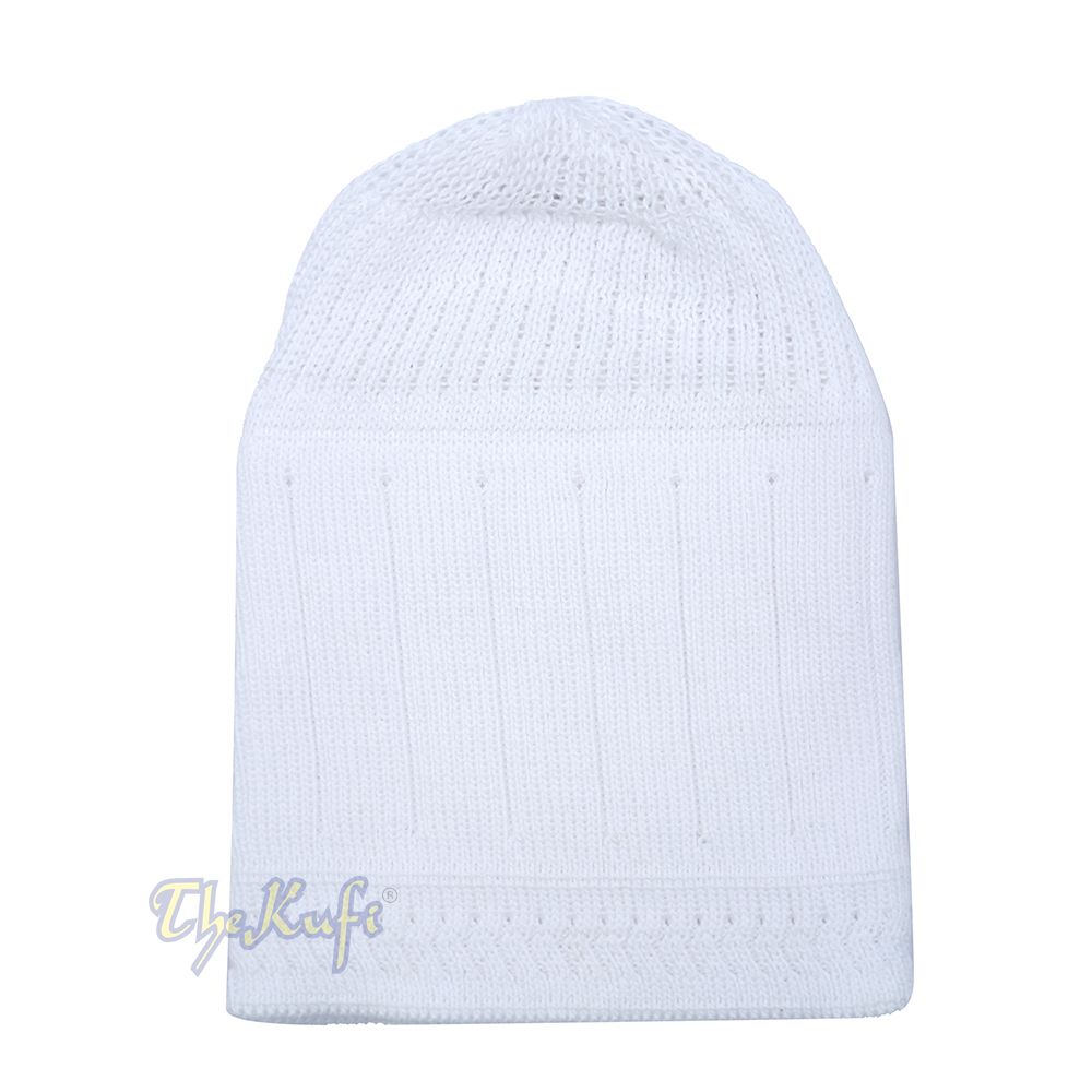 White Vertical Lined Cotton Stretch-Knit Kufi Hat Skull Cap