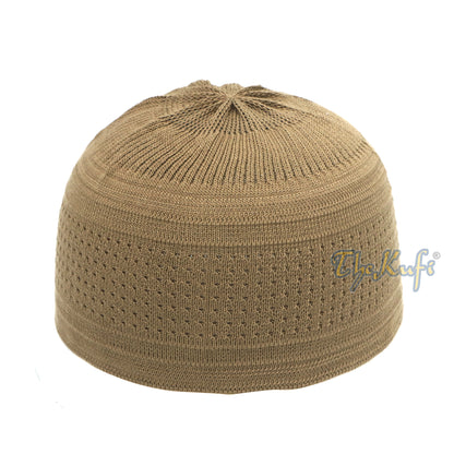 Light Brown Cotton Stretch-Knit Kufi Double Layer Woven Design Hat