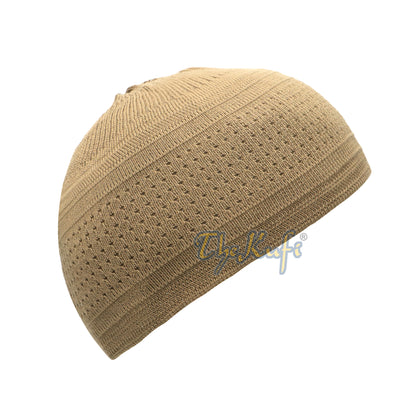 Light Brown Cotton Stretch-Knit Kufi Double Layer Woven Design Hat