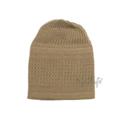 Light Brown Cotton Stretch-Knit Kufi Double Layer Woven Design Hat