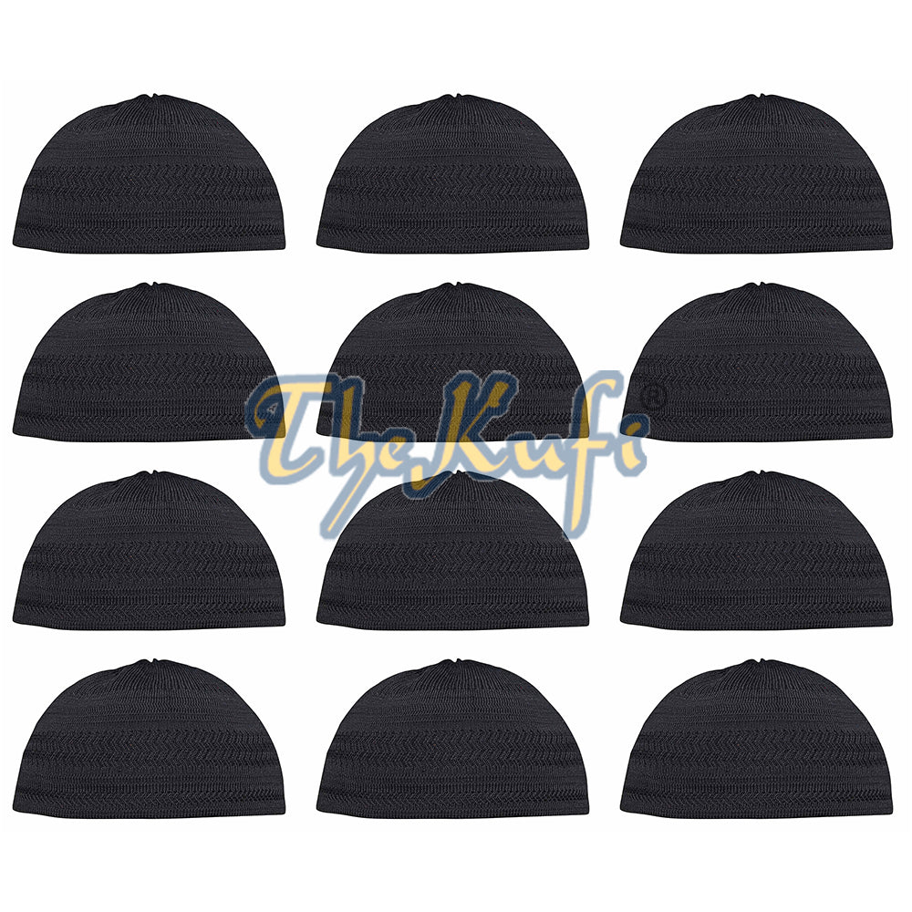 Lot Of 12 – Black Cotton Stretch-Knit Kufi Hat Skull Cap – Comfortable Fit – Unique Design