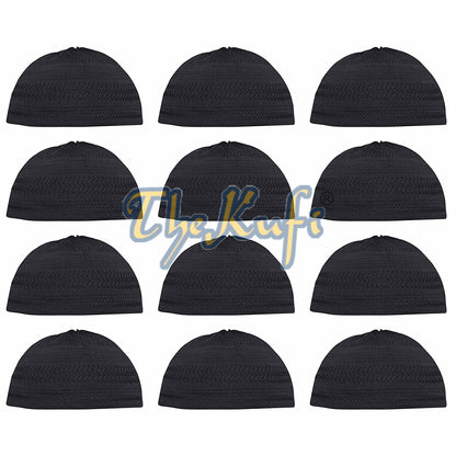 Lot Of 12 – Black Cotton Stretch-Knit Kufi Hat Skull Cap – Comfortable Fit – Unique Design