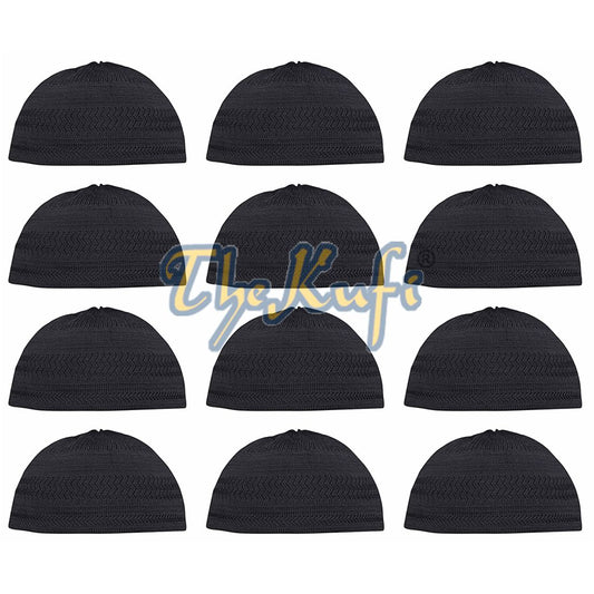 Lot Of 12 – Black Cotton Stretch-Knit Kufi Hat Skull Cap – Comfortable Fit – Unique Design