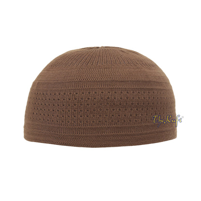 Brown Cotton Stretch-Knit Kufi Prayer Cap Double Layer Woven Design Hat