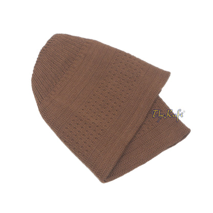 Brown Cotton Stretch-Knit Kufi Prayer Cap Double Layer Woven Design Hat