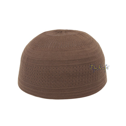 Brown Cotton Stretch-Knit Kufi Prayer Cap Double Layer Woven Design Hat