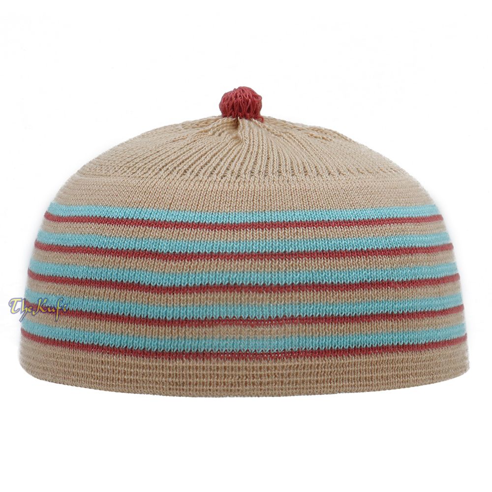 Beige with Turquoise and Maroon Lines Baby Or Infant Kufi Pompom Stretchable Beanie