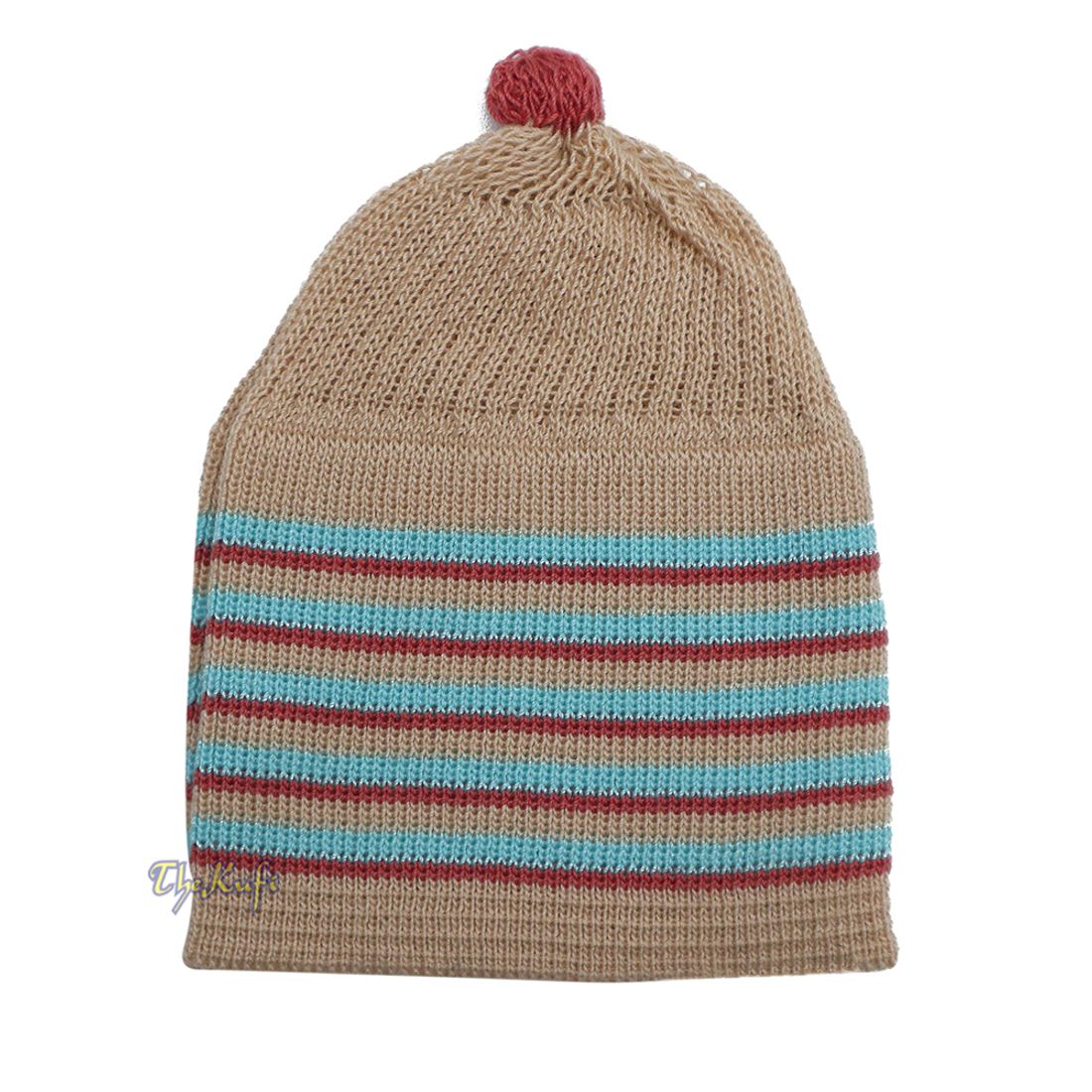Beige with Turquoise and Maroon Lines Baby or Infant Kufi Pompom Stretchable Beanie