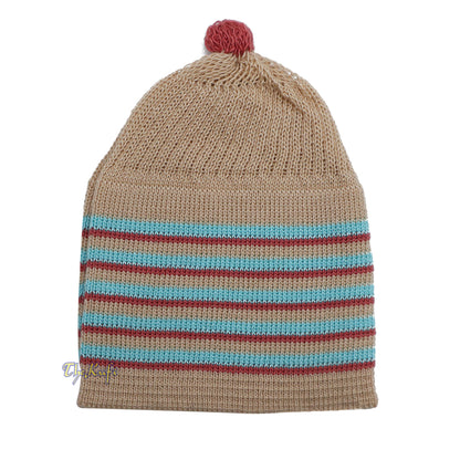 Beige With Turquoise And Maroon Lines Baby Or Infant Kufi Pompom Stretchable Beanie