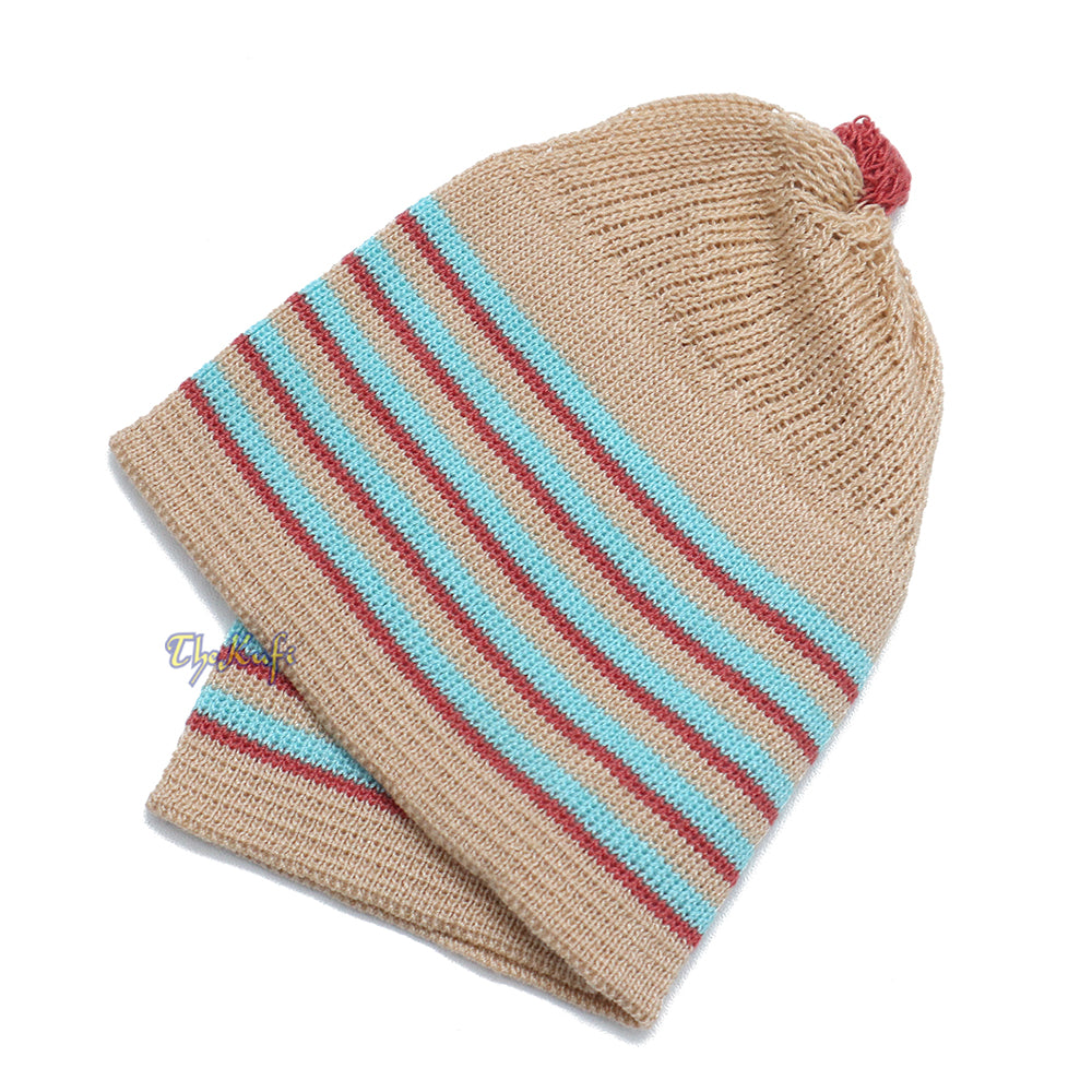 Beige dengan Turquoise and Maroon Lines Baby or Infant Kufi Pompom Stretchable Beanie
