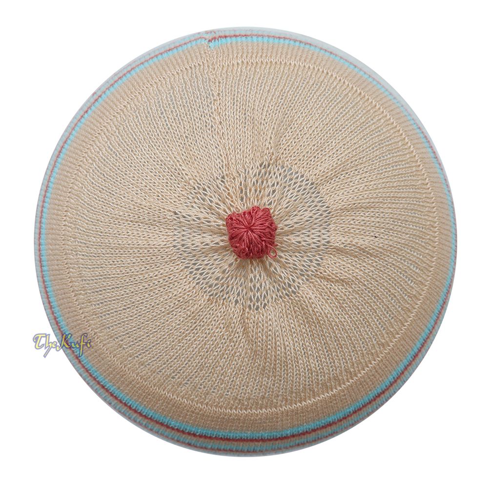 Beige with Turquoise and Maroon Lines Baby Or Infant Kufi Pompom Stretchable Beanie