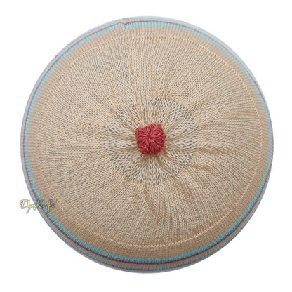 Beige with Turquoise and Maroon Lines Baby Or Infant Kufi Pompom Stretchable Beanie