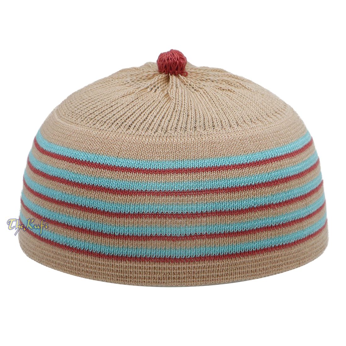 Beige with Turquoise and Maroon Lines Baby or Infant Kufi Pompom Stretchable Beanie
