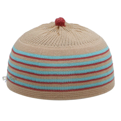 Beige With Turquoise And Maroon Lines Baby Or Infant Kufi Pompom Stretchable Beanie