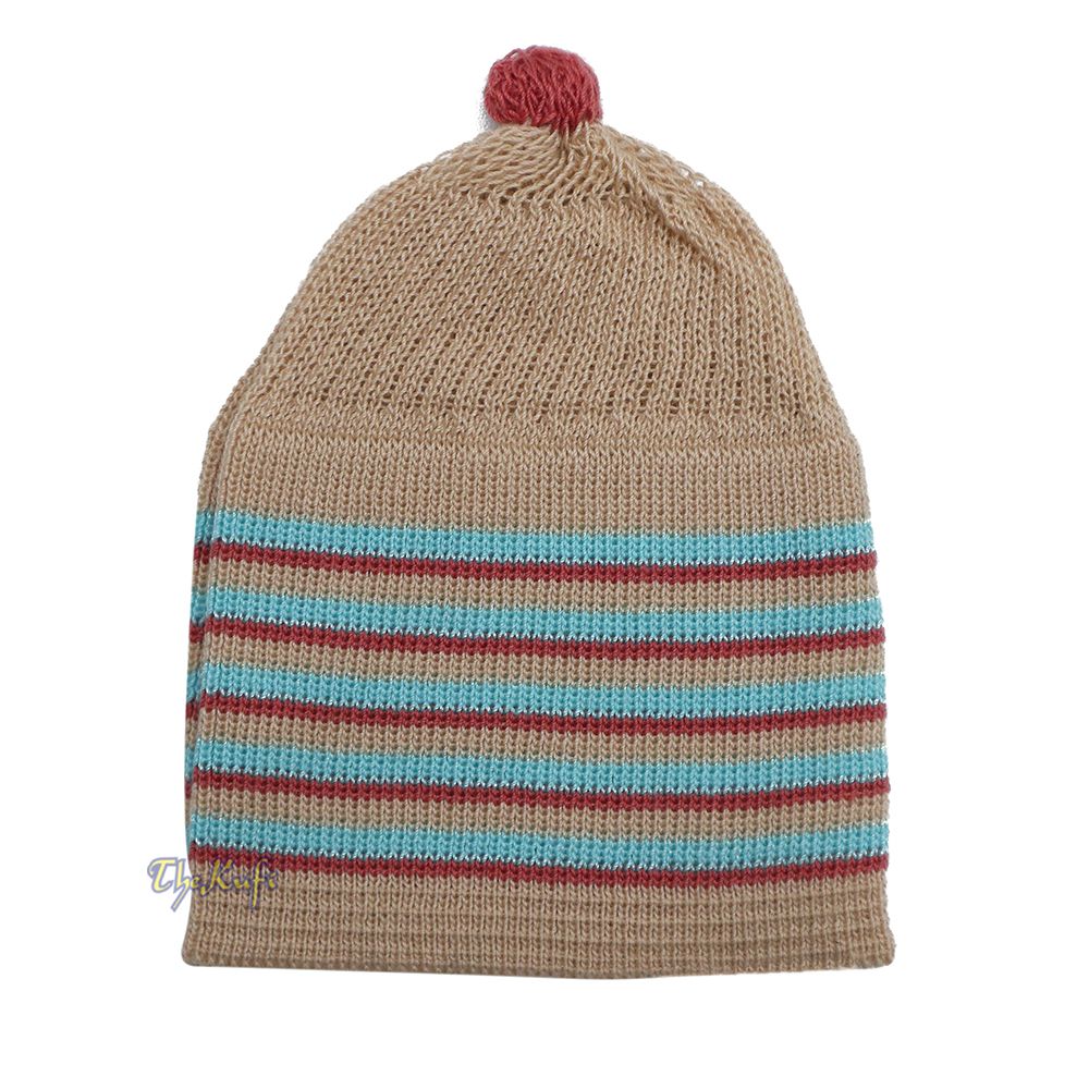 Beige with Turquoise and Maroon Lines Baby Or Infant Kufi Pompom Stretchable Beanie