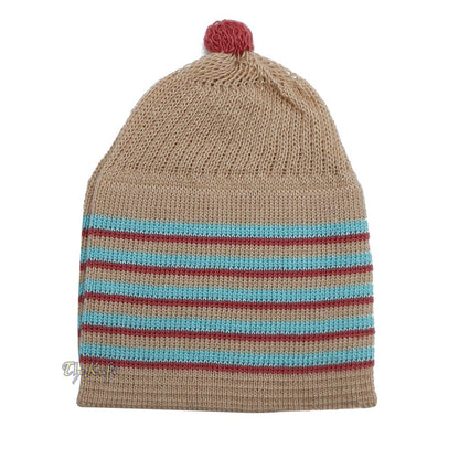 Beige with Turquoise and Maroon Lines Baby Or Infant Kufi Pompom Stretchable Beanie