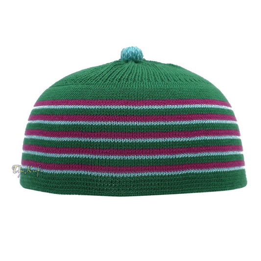 Hijau dengan Hot Pink dan Turquoise Lines Baby or Infant Kufi Pompom Stretchable Beanie