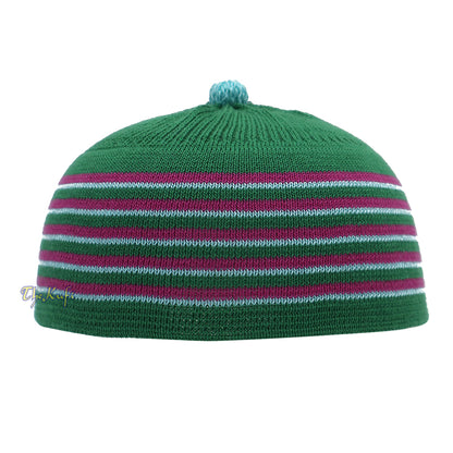 Green With Hot Pink And Turquoise Lines Baby Or Infant Kufi Pompom Stretchable Beanie