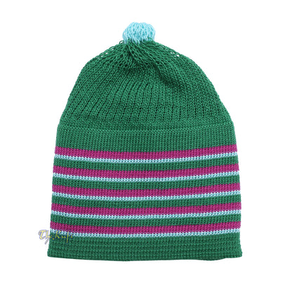 Green With Hot Pink And Turquoise Lines Baby Or Infant Kufi Pompom Stretchable Beanie