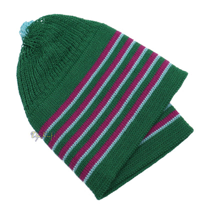 Green With Hot Pink And Turquoise Lines Baby Or Infant Kufi Pompom Stretchable Beanie