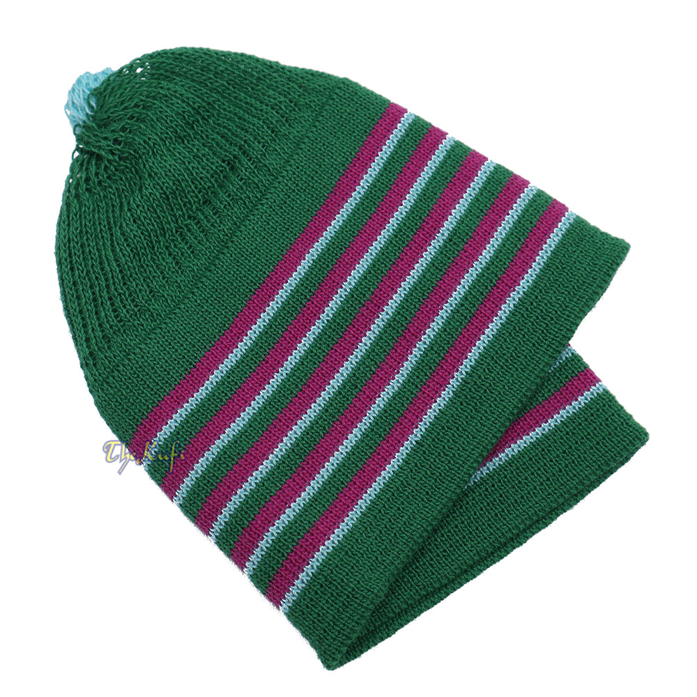 Hijau dengan Hot Pink dan Turquoise Lines Baby or Infant Kufi Pompom Stretchable Beanie