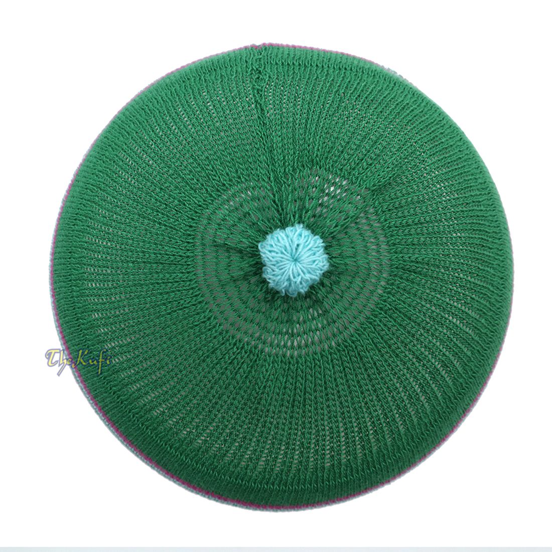 Green with Hot Pink and Turquoise Lines Baby or Infant Kufi Pompom Stretchable Beanie