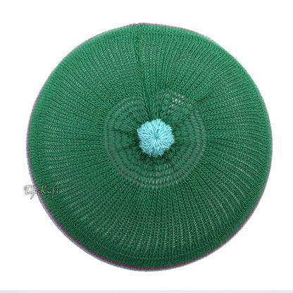 Green With Hot Pink And Turquoise Lines Baby Or Infant Kufi Pompom Stretchable Beanie