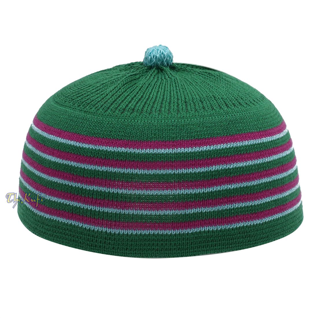 Green with Hot Pink and Turquoise Lines Baby or Infant Kufi Pompom Stretchable Beanie
