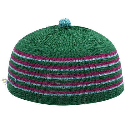 Green With Hot Pink And Turquoise Lines Baby Or Infant Kufi Pompom Stretchable Beanie