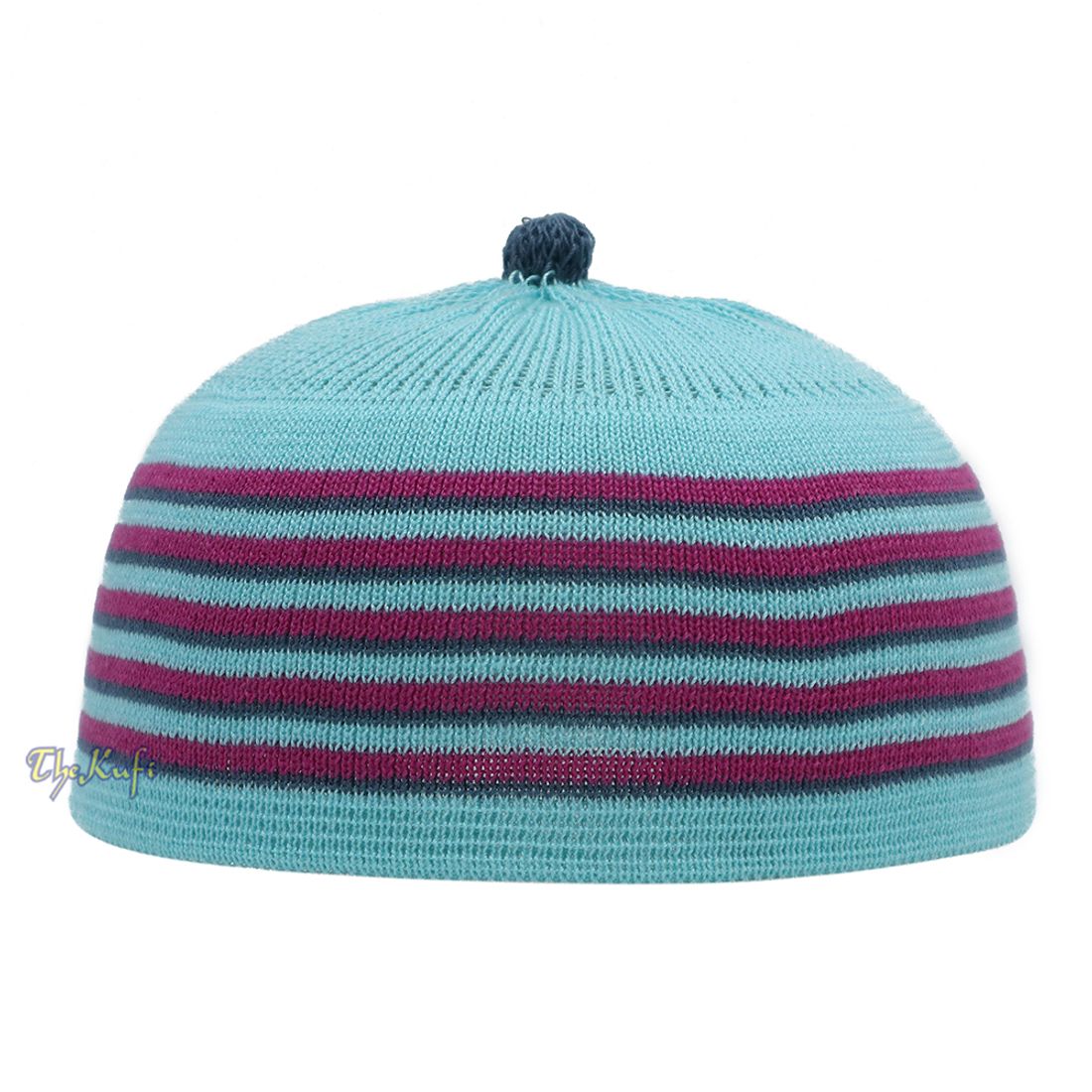 Light Turquoise Blue with Light Maroon and Dark Green Lines Baby or Infant Kufi Pompom Stretchable Beanie