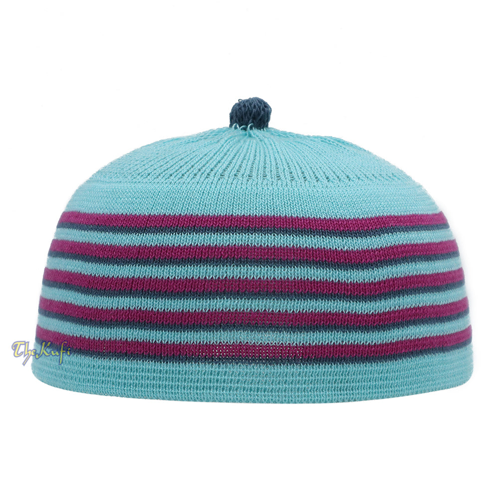 Light Turquoise Blue With Light Maroon And Dark Green Lines Baby Or Infant Kufi Pompom Stretchable Beanie