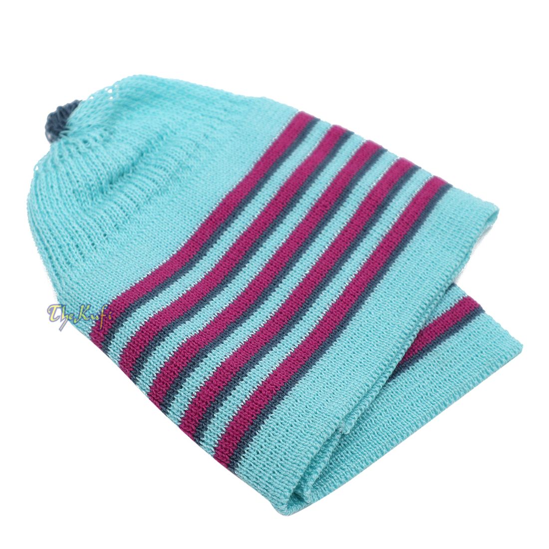 Light Turquoise Blue with Light Maroon and Dark Green Lines Baby or Infant Kufi Pompom Stretchable Beanie