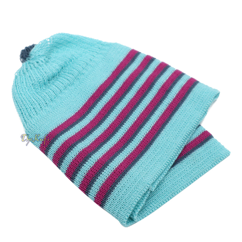 Light Turquoise Blue With Light Maroon And Dark Green Lines Baby Or Infant Kufi Pompom Stretchable Beanie