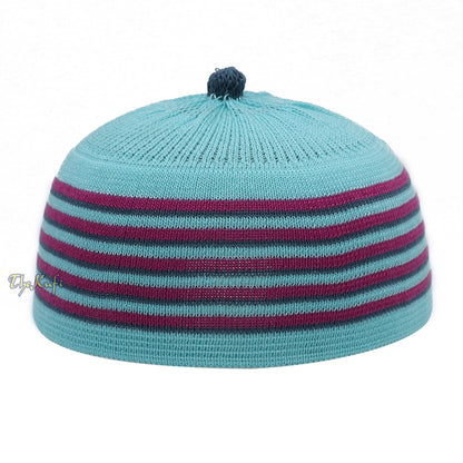 Light Turquoise Blue With Light Maroon And Dark Green Lines Baby Or Infant Kufi Pompom Stretchable Beanie