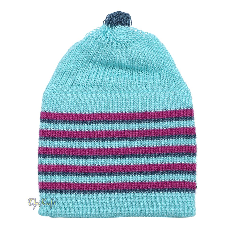 Light Turquoise Blue with Light Maroon and Dark Green Lines Baby Or Infant Kufi Pompom Stretchable Beanie