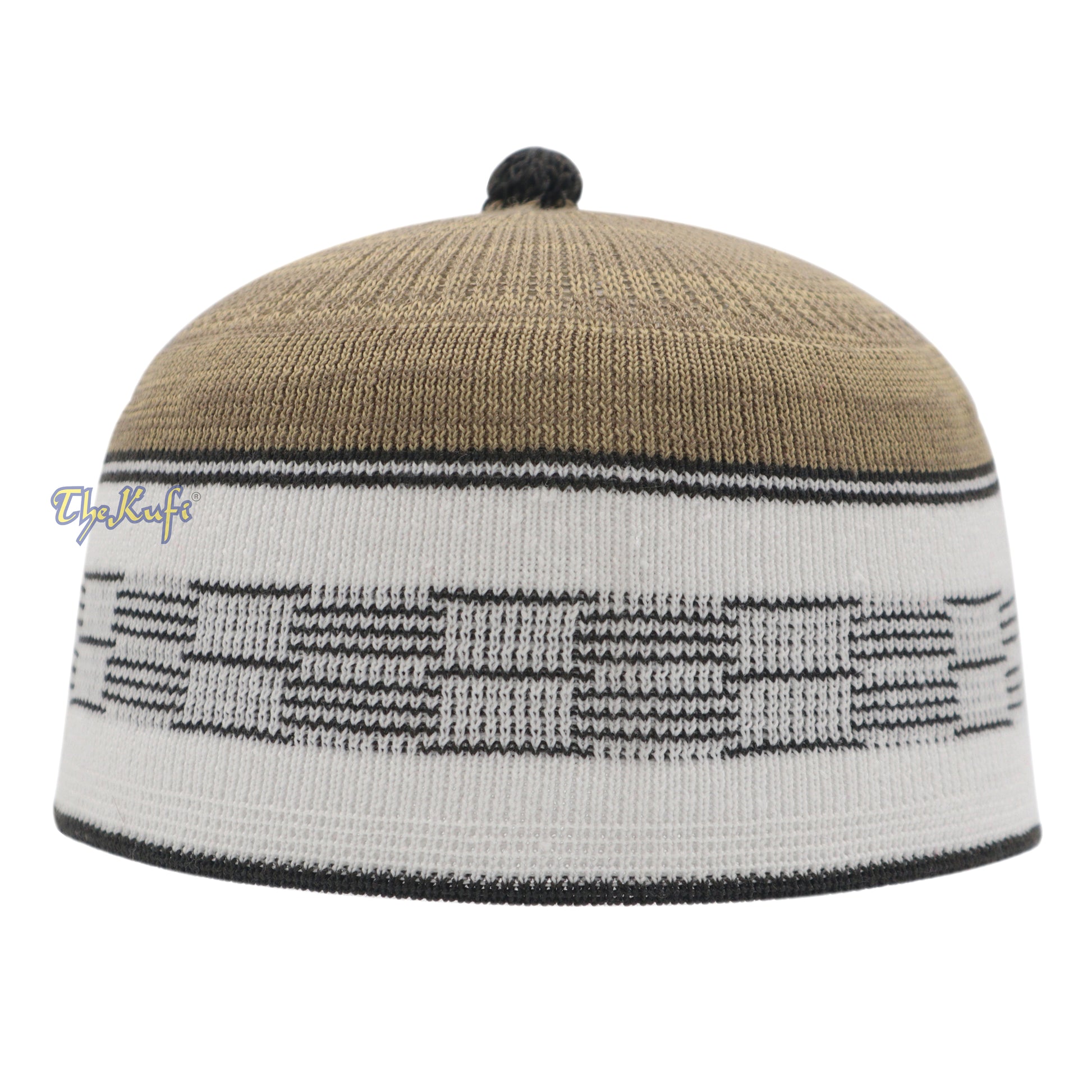 Tan With White & Black Lines Baby Or Infant Kufi Pompom Beanie