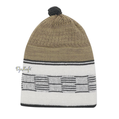 Tan With White & Black Lines Baby Or Infant Kufi Pompom Beanie