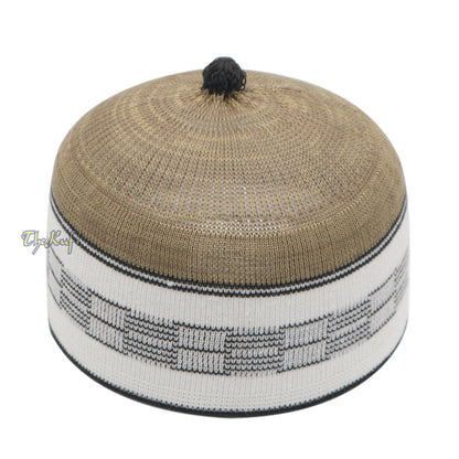 Tan with White & Black Lines Baby Or Infant Kufi Pompom Beanie