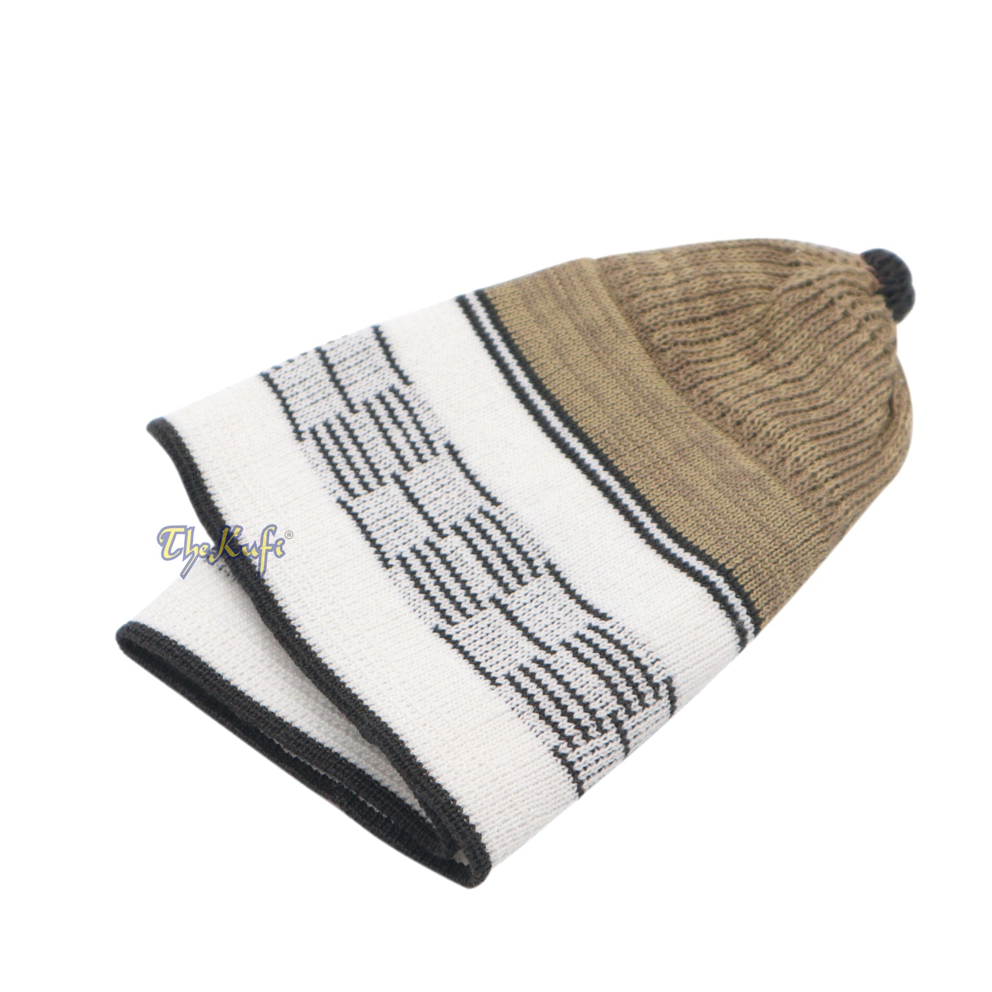 Tan With White & Black Lines Baby Or Infant Kufi Pompom Beanie