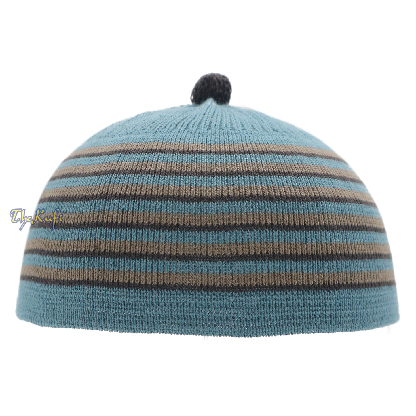 Dark Teal With Brown & Black Lines Baby Or Infant Kufi Pompom Beanie