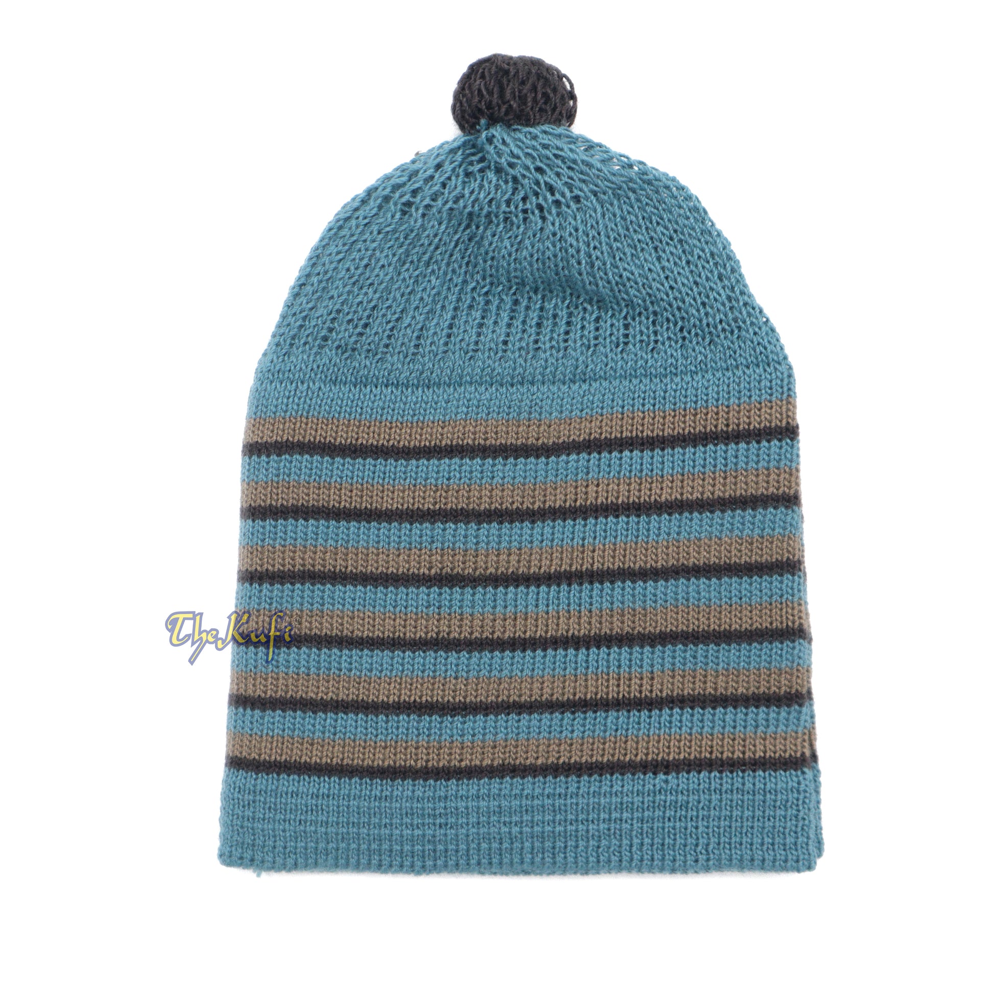 Dark Teal With Brown & Black Lines Baby Or Infant Kufi Pompom Beanie