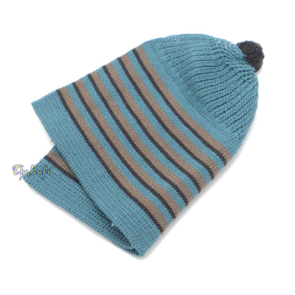 Dark Teal With Brown & Black Lines Baby Or Infant Kufi Pompom Beanie