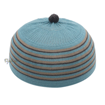 Dark Teal With Brown & Black Lines Baby Or Infant Kufi Pompom Beanie