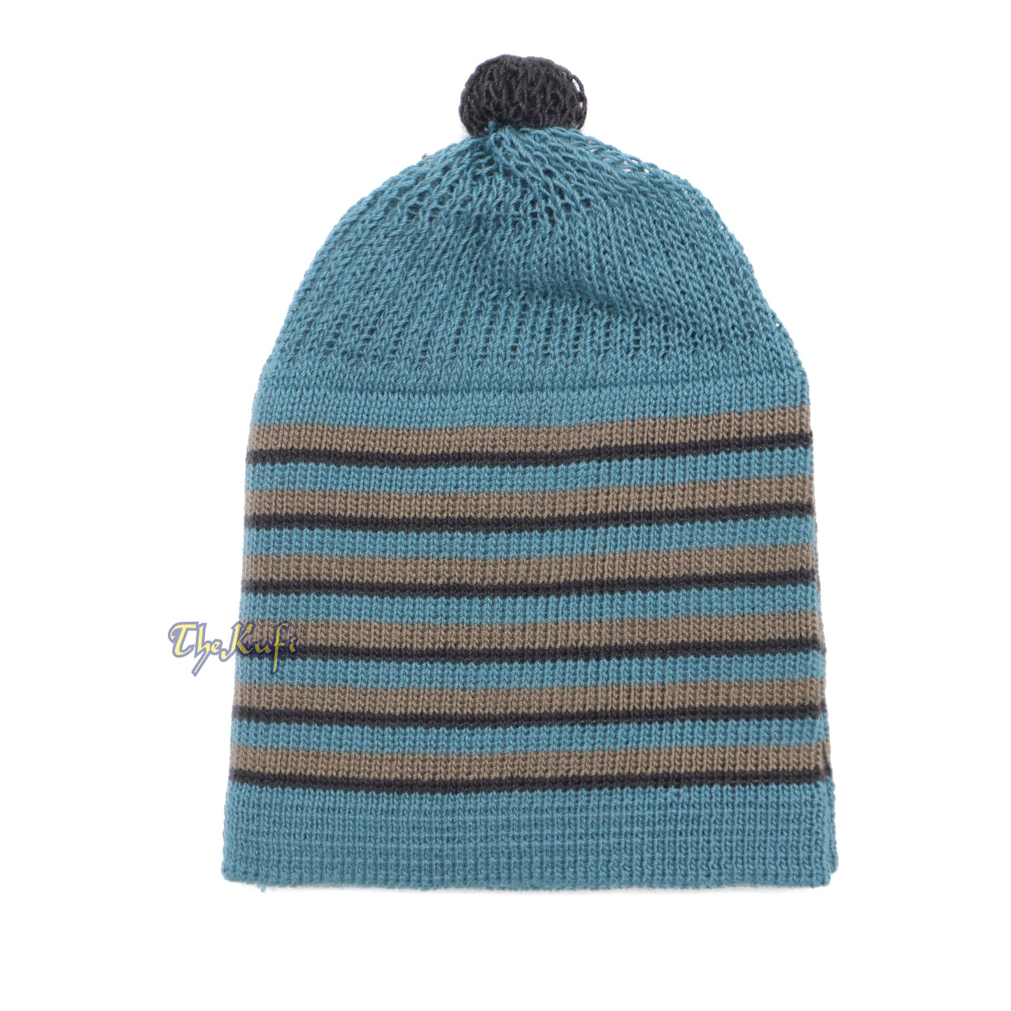 Dark Teal with Brown & Black Lines Baby Or Infant Kufi Pompom Beanie