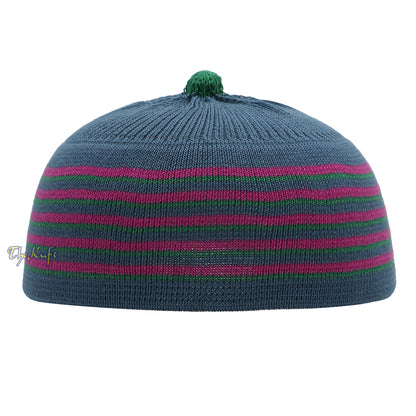 Dark Grey With Hot Pink And Green Lines Baby Or Infant Kufi Pompom Stretchable Beanie