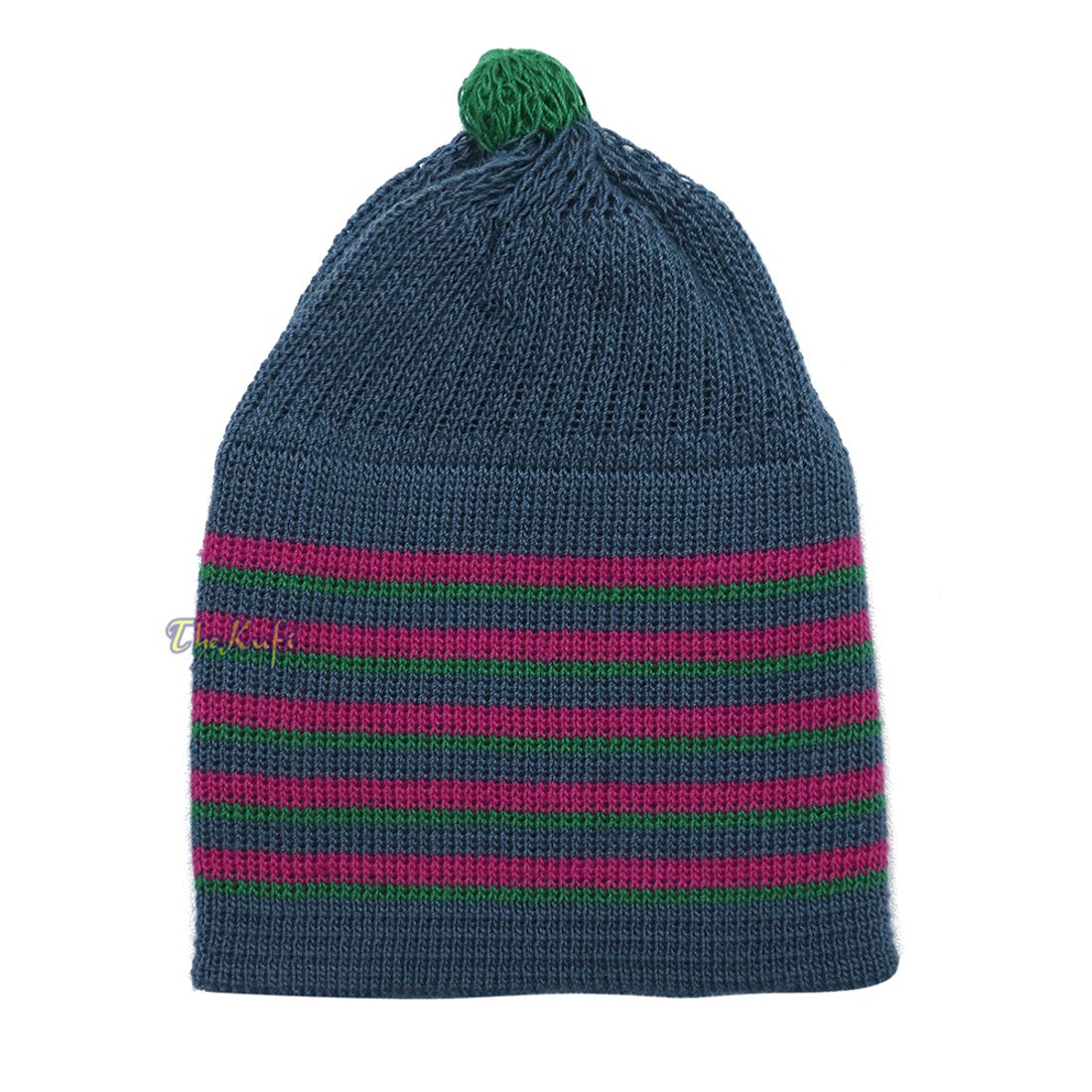 Dark Grey with Hot Pink and Green Lines Baby or Infant Kufi Pompom Stretchable Beanie
