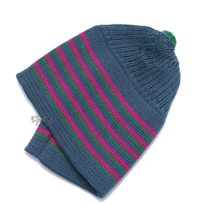 Dark Grey With Hot Pink And Green Lines Baby Or Infant Kufi Pompom Stretchable Beanie