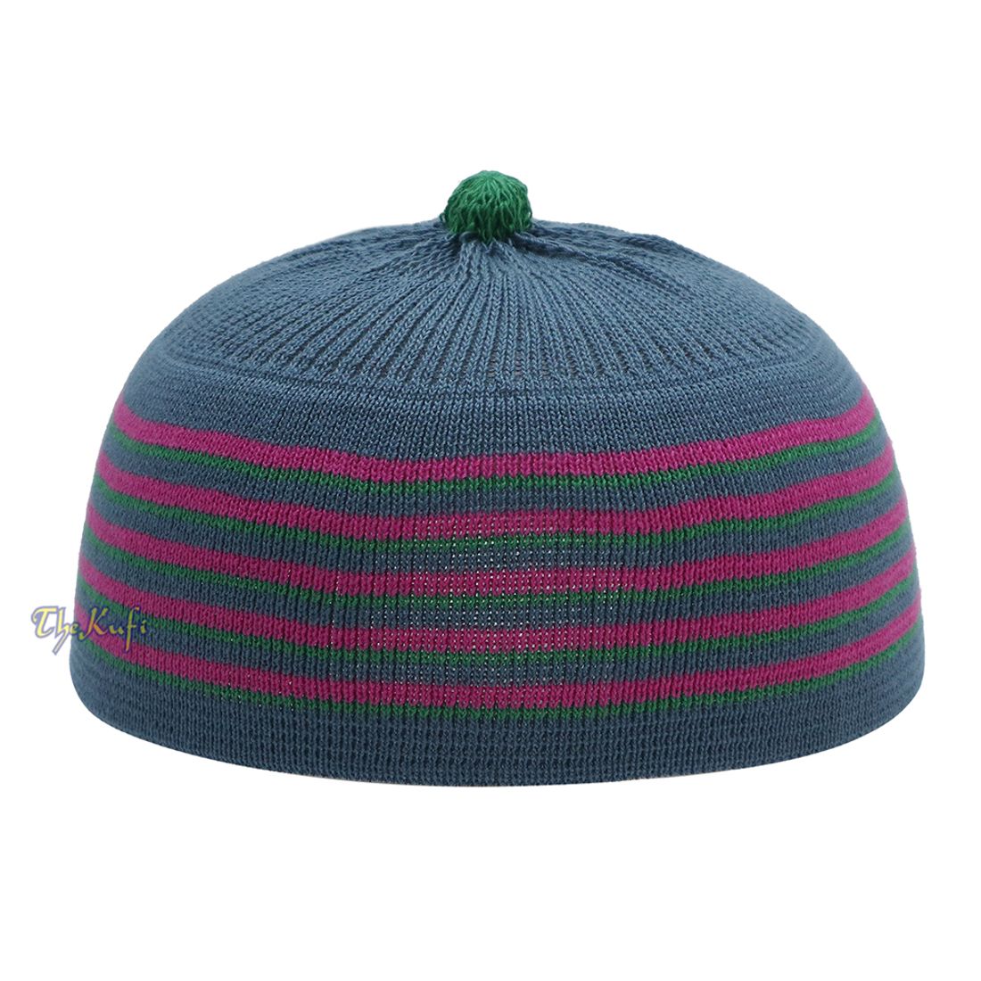 Dark Grey with Hot Pink and Green Lines Baby or Infant Kufi Pompom Stretchable Beanie